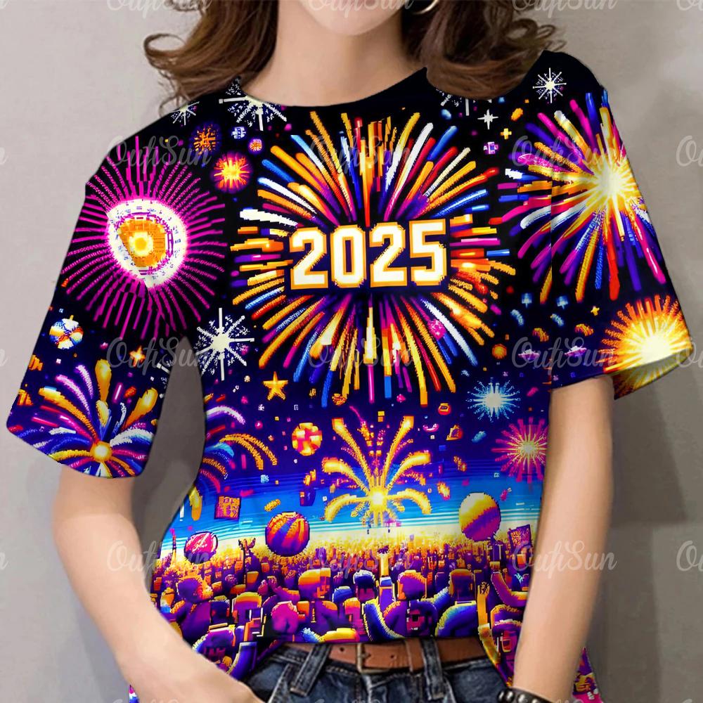 2025 Новый год женская футболка мода круглый вырез короткий рукав одежда для женщин летние красочные повседневные топы повседневный пуловер