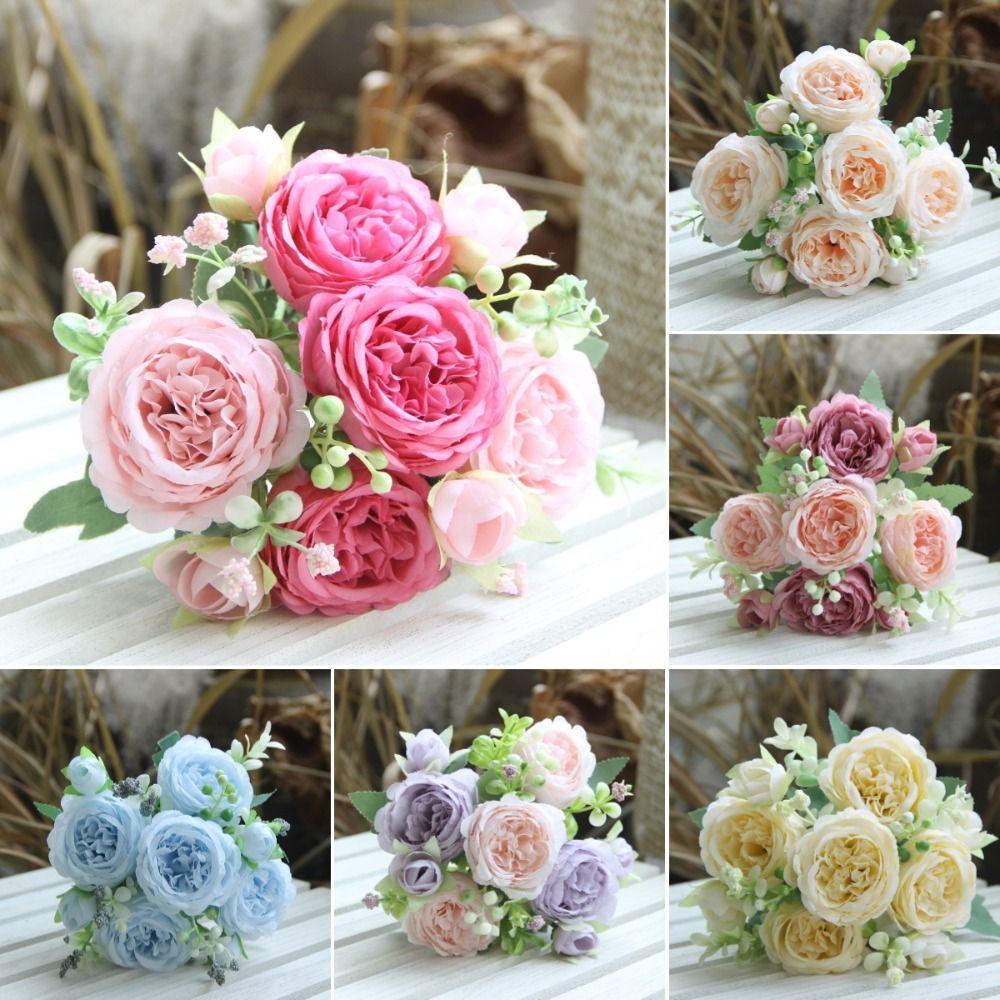 32cm Peony Bouquet 5 Heads Silk Flower New Fake Rose Vase Decor
