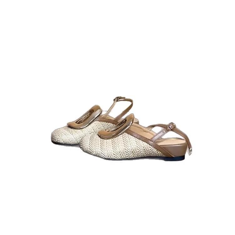 2025 New French High-end Weave Heel Woven Holiday Style Bag Head Sandals Women's Summer Outer Wear Rear Empty Half Slippers