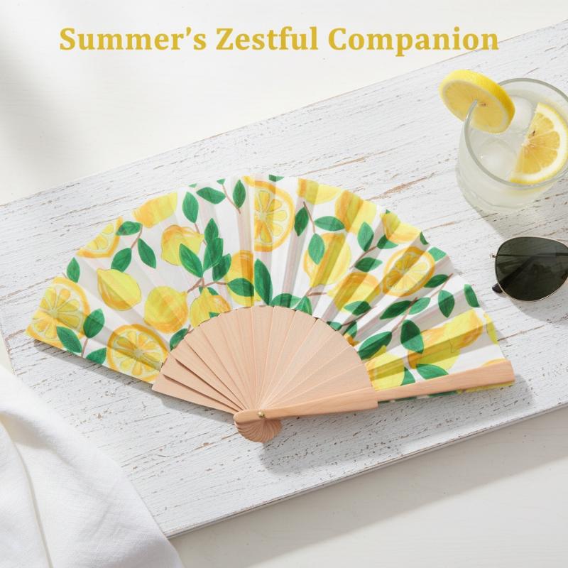 Lemon Print Folding Hand Fan-Bamboo Fabric Fruit Pattern Handheld Fan for Summer Cooling Wedding Party & Dance Performance Decor
