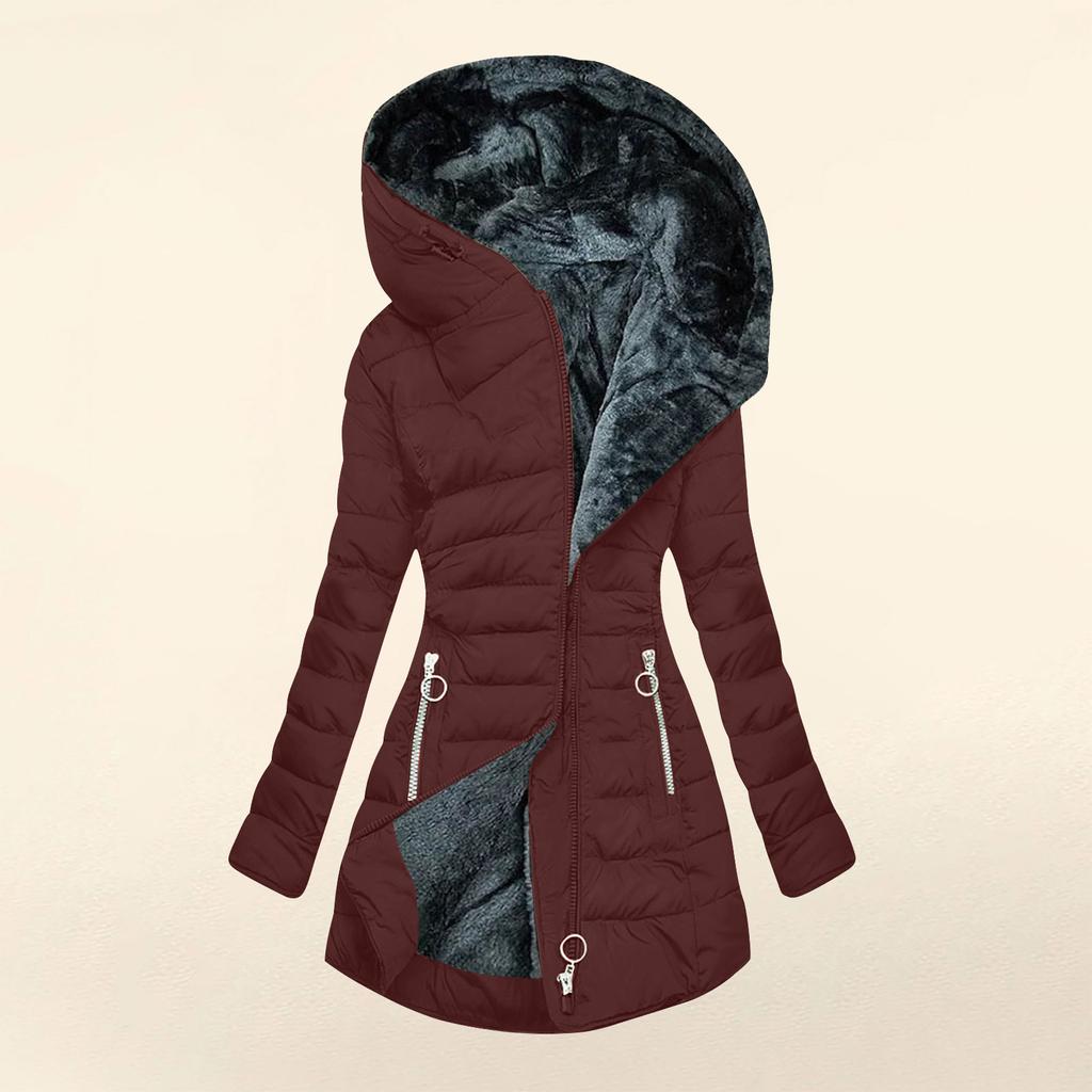 Solid Color Long Sleeve Zippered Slim Fit Women's Winter Hooded Jacket