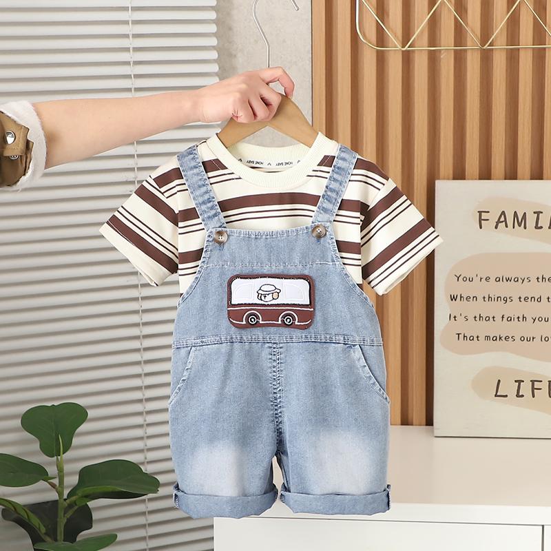 Boys' Suit Children's Striped Short Sleeved T-shirt Denim Overalls Two-piece Set Baby Cartoon Clothes