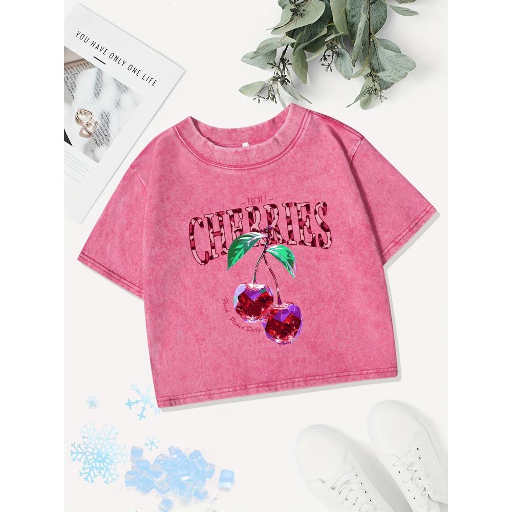 Cotton Crop Tops Womens Crystal Cherries Printing Washed T-Shirts Fit O-Neck Streetwear Y2K Womans Clothes