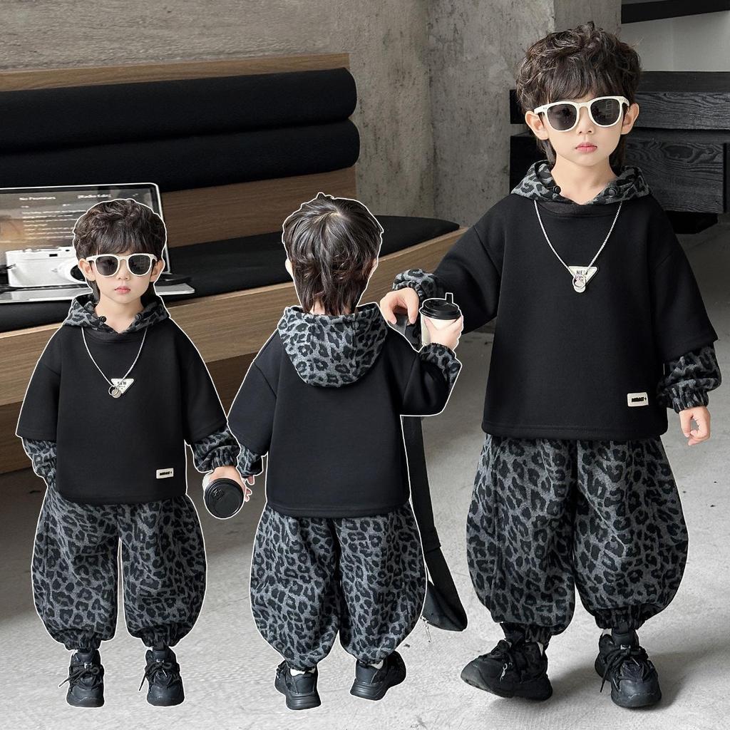 Boys' Trendy Leopard Sweatshirt Set - Autumn/Spring 2025 Fashionable Two-Piece Outfit for Toddlers