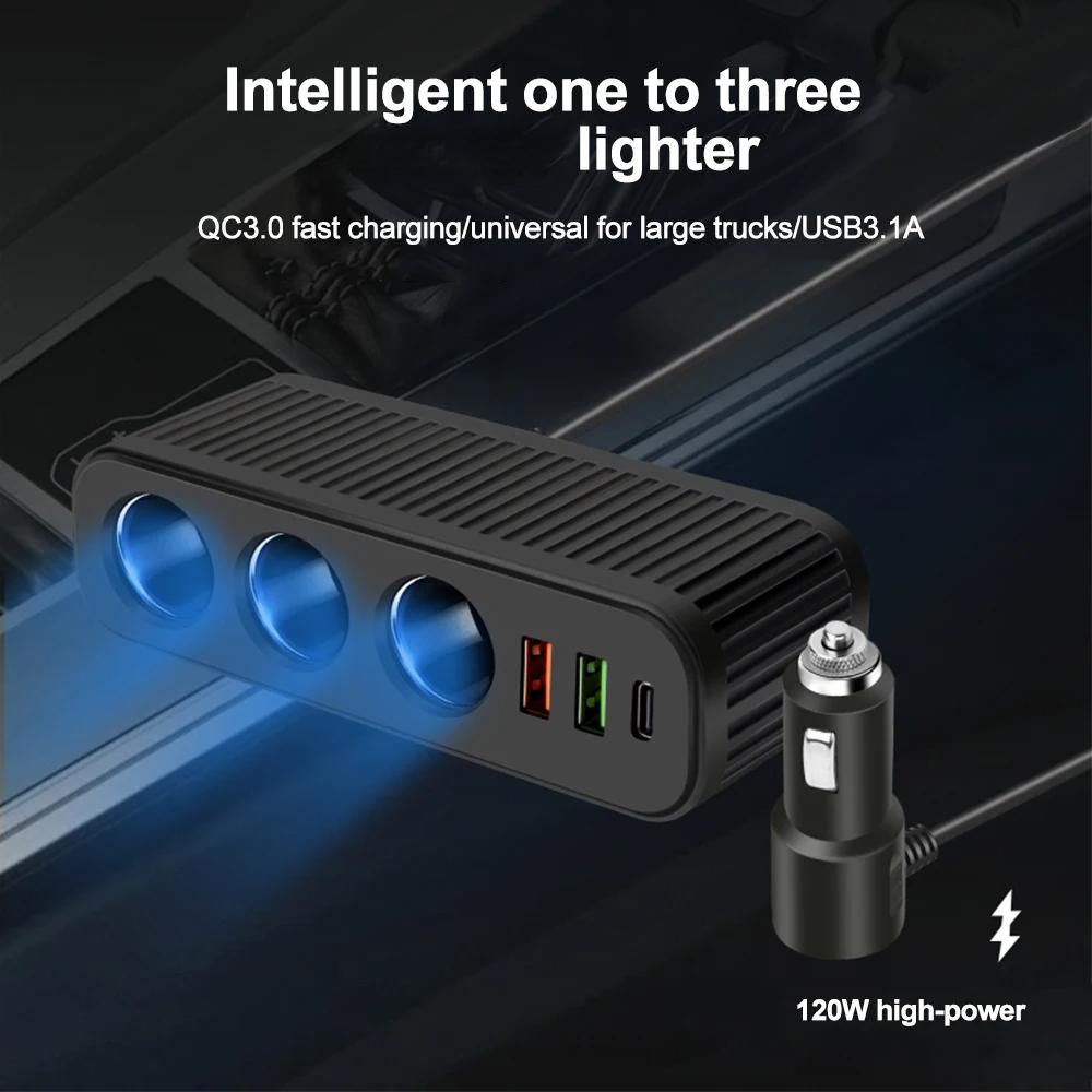 12V/24V Car Socket 120W Car Charger PD QC USB Quick Charge Power Adapter Charger One-to-four Multifunctional Socket