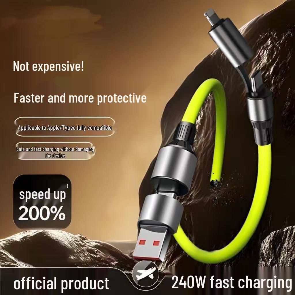 240W Silicone 4-in-1 Fast Charging Cable for Apple, Xiaomi, Huawei & Android Devices.
