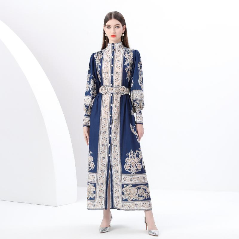 Весна-лето Женские платья больших размеров с винтажным дворцовым принтом, однобортные, длинные, макси, свободные, для праздников, с поясом
