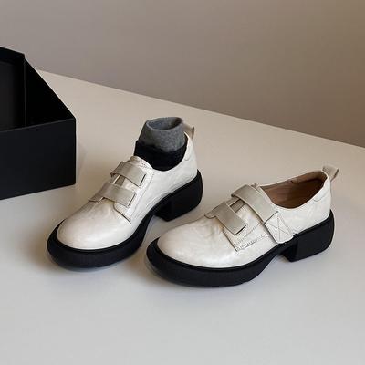 Версия из мягкой кожи~ Лоферы на платформе в британском стиле на липучках женские повседневные и удобные на толстом каблуке бесшумные маленькие кожаные туфли