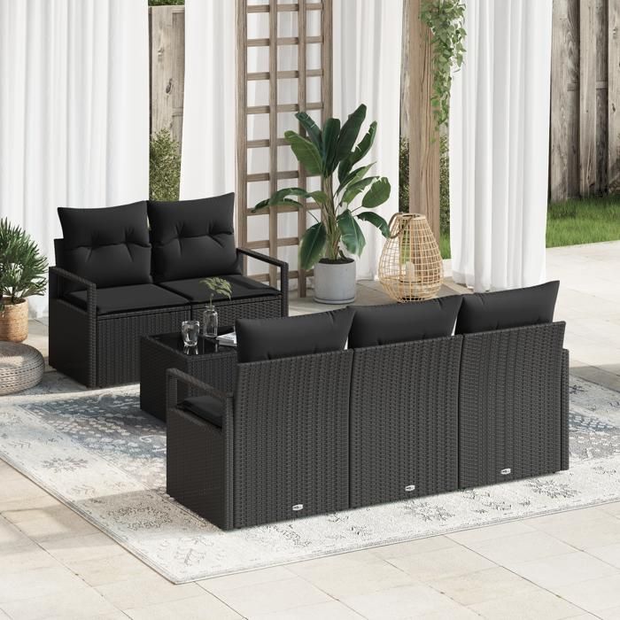 Ensemble de canapé de jardin de 6 pièces avec coussins noir poly rattan, Canapé de jardin 2 places avec coussins noir poly 3346263