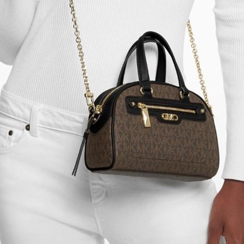 Michael Kors Williamsburg Классический Логотип Молния с Цепочкой Кожаная Отделка Сумка-Ракушка Мини Женские Сумки на Плечо Коричневый Черный 32F3G6WC0B-2137