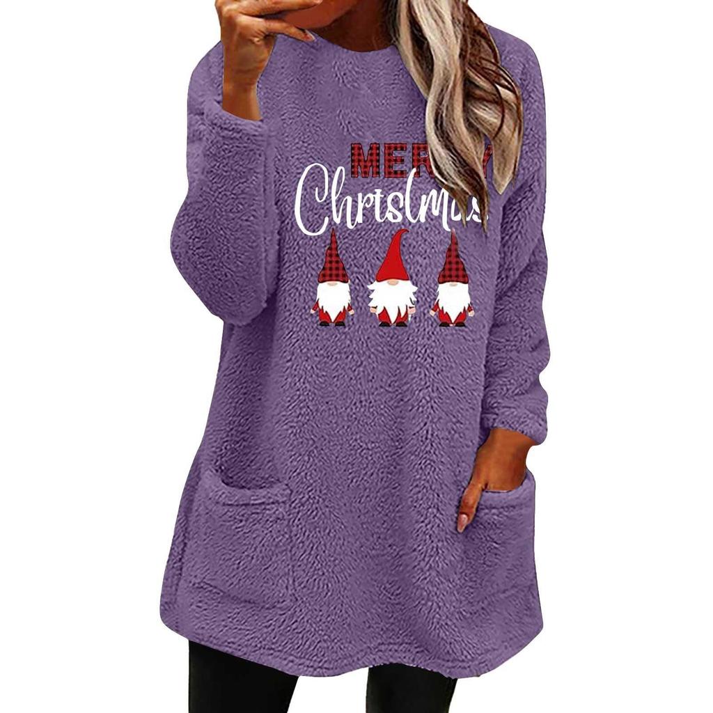 Cross-Border Women's Christmas Dwarf Print Round Neck Loose Hoodie with Pockets