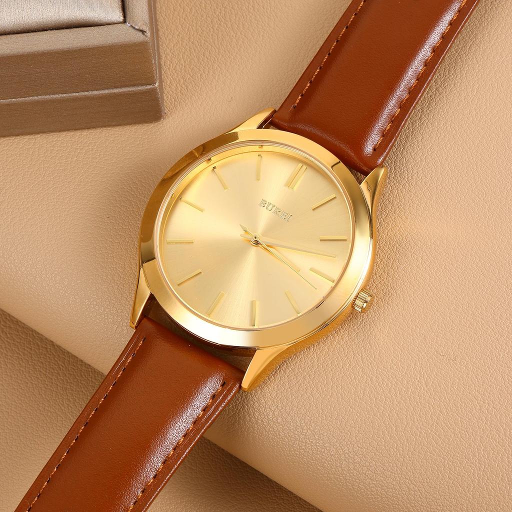BUREI Men's Analog Quartz Watch, Waterproof, Popular, Slim, Simple, Stylish, Business, Casual, Leather Strap (Gold, Brown, Leather)