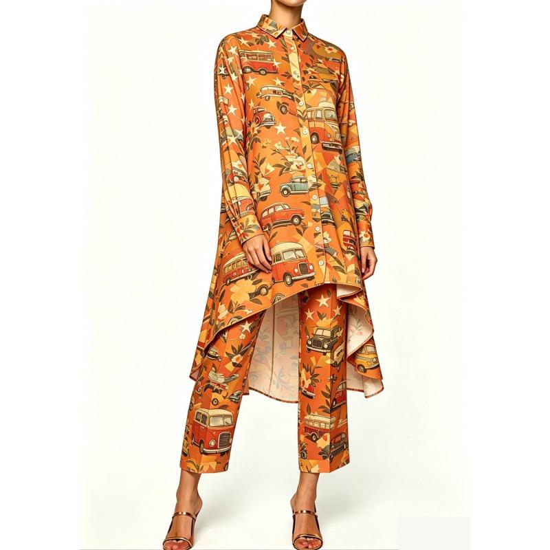 1116 Summer New Green Plant Print Irregular Lapel Long Sleeve Shirt, Cropped Pants, Women's Casual Set