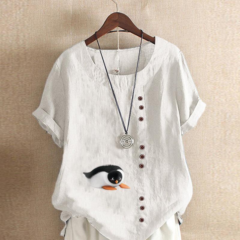 Women's Fashion Penguin Prined Round Neck Short Sleeve T-shirt Casual Cotton Linen Graphic Shirt Leisure Loose Summer Blouse Tops