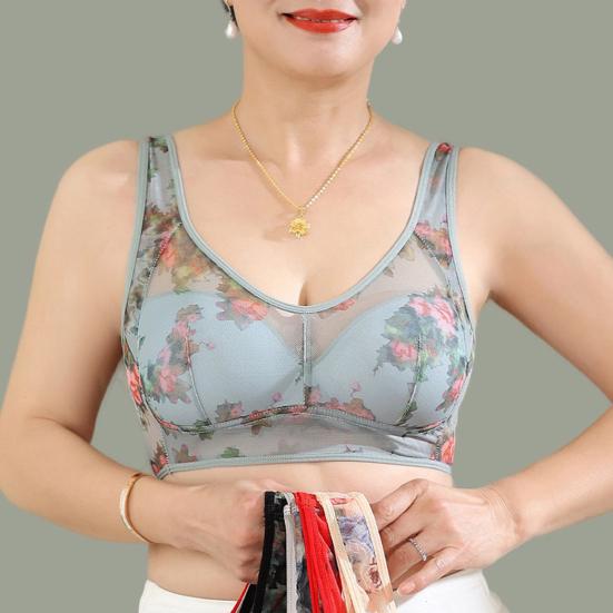 Бюстгальтер для женщин среднего возраста бесшовный тонкий ледяной шелк охлаждающий цветочный принт беспроводной антизацепляющий Push