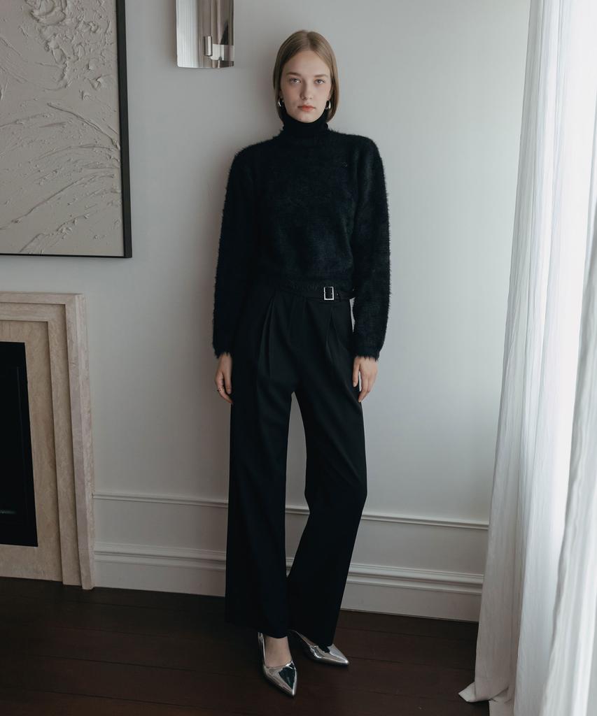 Illoje Double Tuck Wide Belted Slacks (Black)