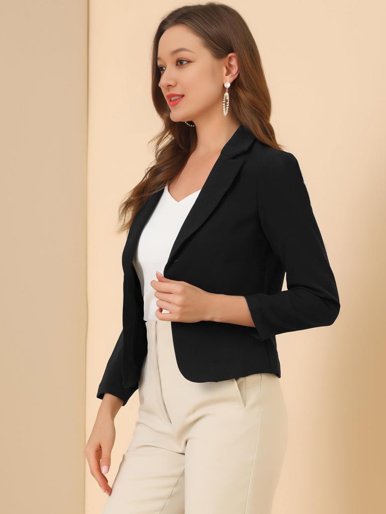 Allegra K Женский блейзер с цветочным принтом, Длинный рукав, Открытый спереди, Заостренные лацканы, Короткая длина, Офисный кэжуал, Черный, Однотонный, Размер S