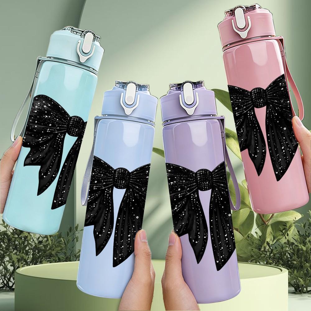 1PC Solid Black Satin Bow Decor Print 750ml Color Plastic Sports Water Bottle Leakproof Flip Straw Lid Suitable for Sports Office Home Use