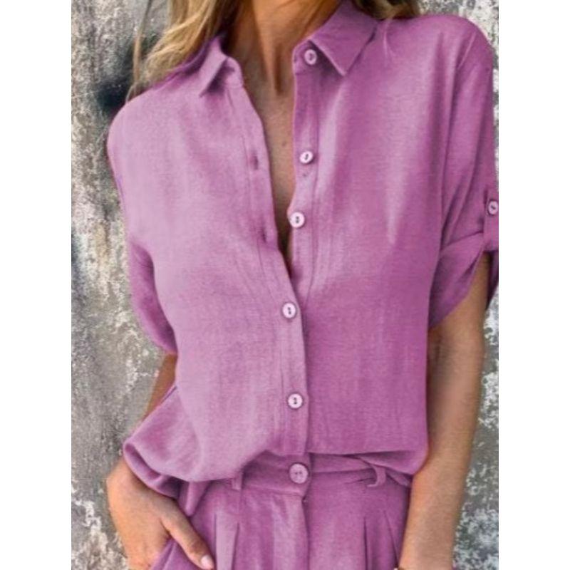 Collar Shirt Solid Color Shorts Set Lapel Shirt Pure Color Casual Shorts Suit