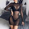 Women Lingerie Erotic Bra Nightdress Gothic Mesh Black Long Sleeve Skinny Bodysuit Club Brief Underwear Transparent Dress Set
