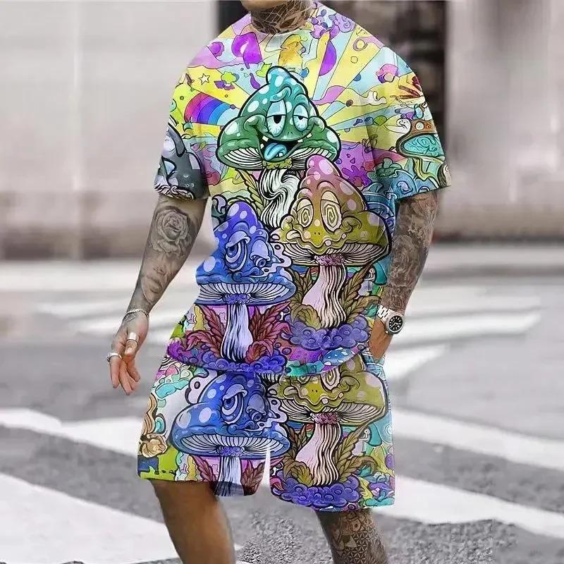 New Light Luxury Men's T-shirt Shorts Set Personalized Lion Tiger Pattern Colorful Mushroom Pattern Fashion Custom Men's Leisure