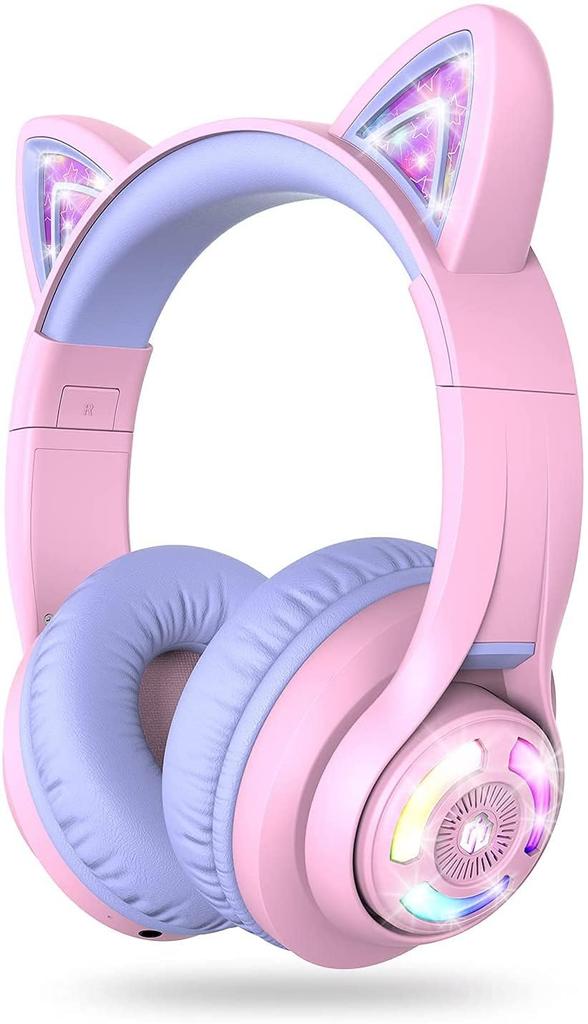 iClever Kids Headphones Bluetooth Headphones Cat Ear LED Light Up Wireless Kids Headphones with Volume Limit 45H Playtime with Microphone for BTH13
