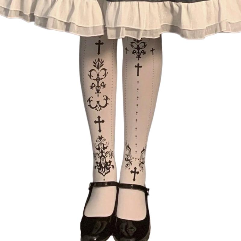 Women's Japanese Gothic Grunge Pantyhose Stockings Harajuku Aesthetic Crosses Print Opaque Tights Leggings Hosiery