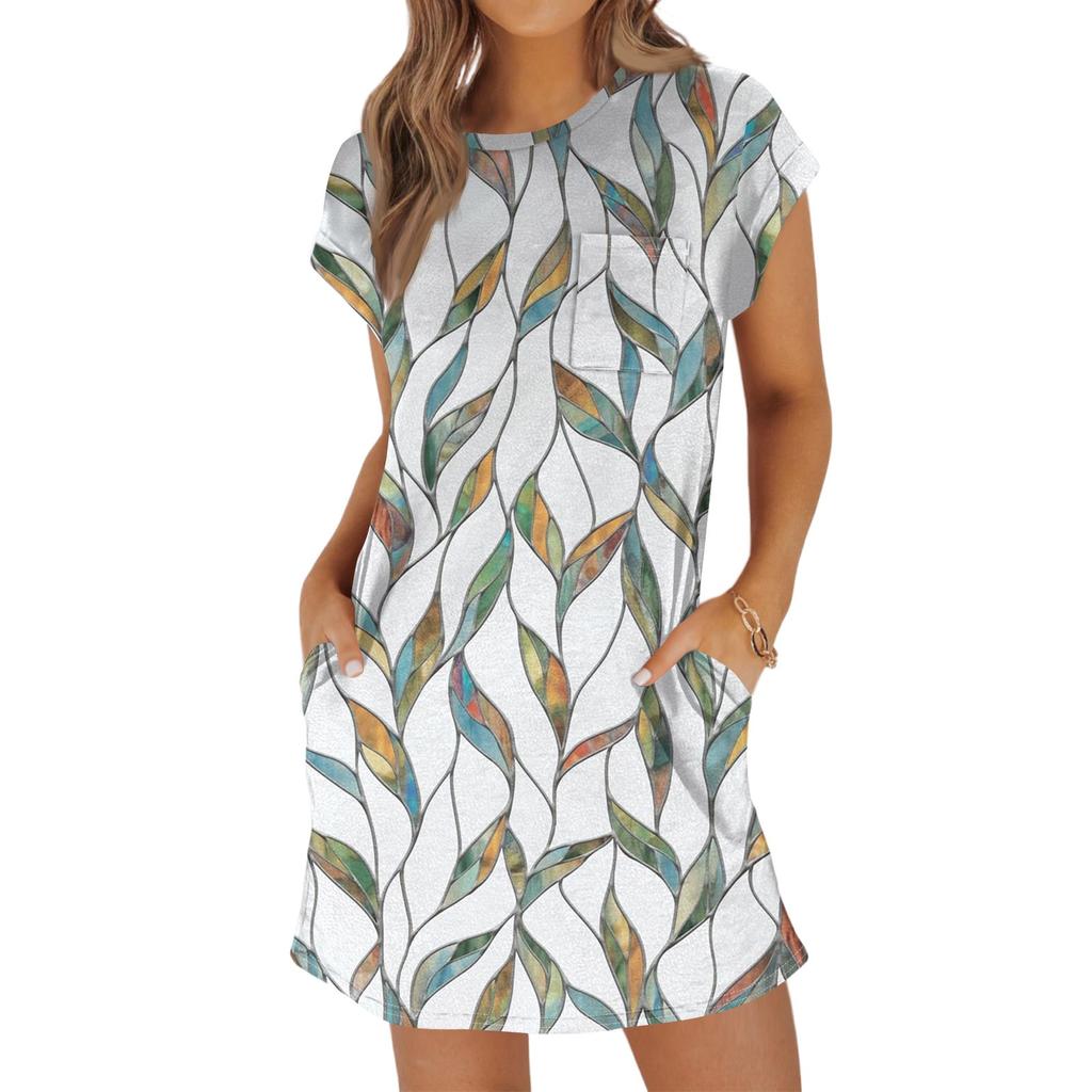 Женская мода повседневная летняя винтажная цветочная печать короткий рукав круглый вырез свободное платье с карманами
