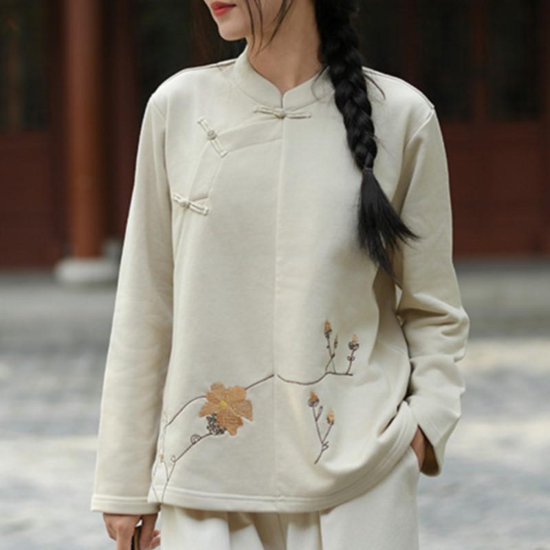 Johnature Женская вышитая цветочная стойка толстовки с длинным рукавом в китайском стиле ткани осенний однотонный пуловер толстовка