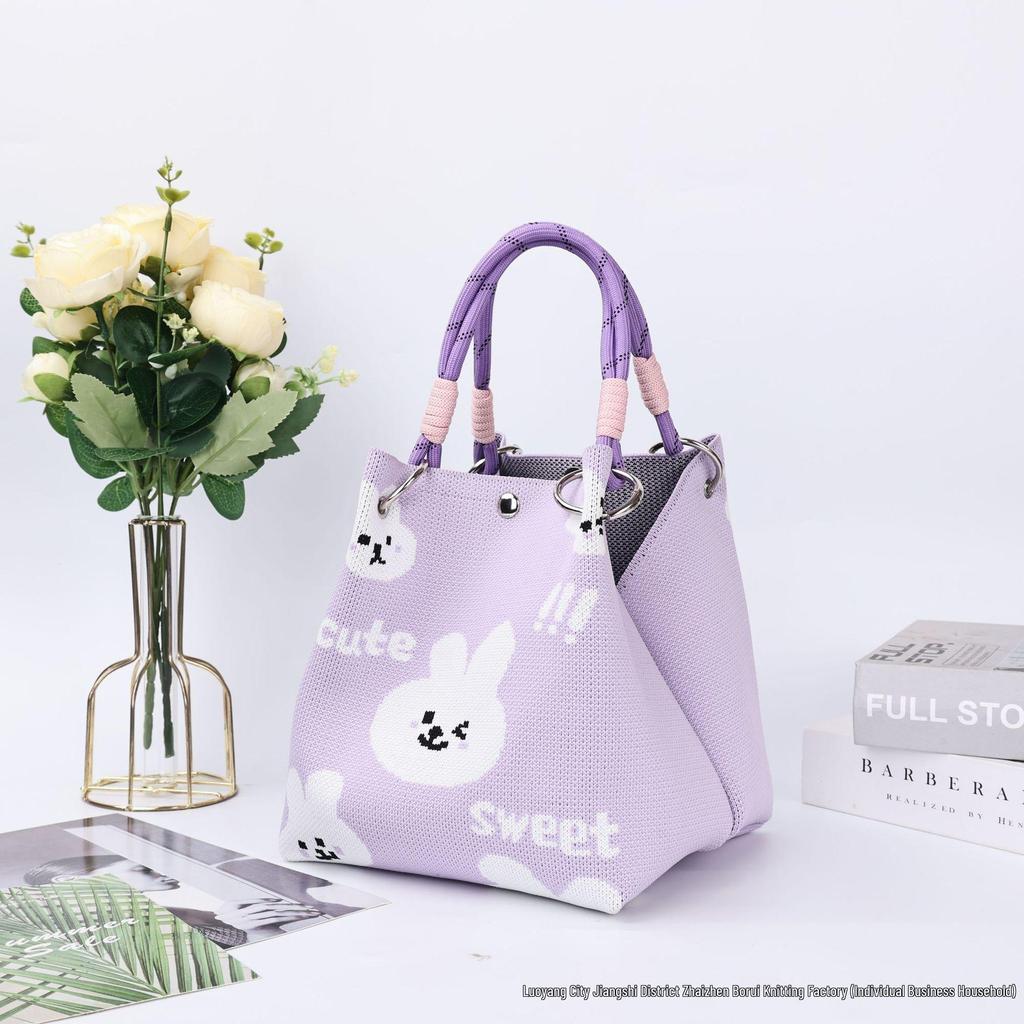 Korean-Style Cute Handbag with Magnetic Buckle, Large Capacity, Casual Woven Knit Bucket Bag for Work and Commute