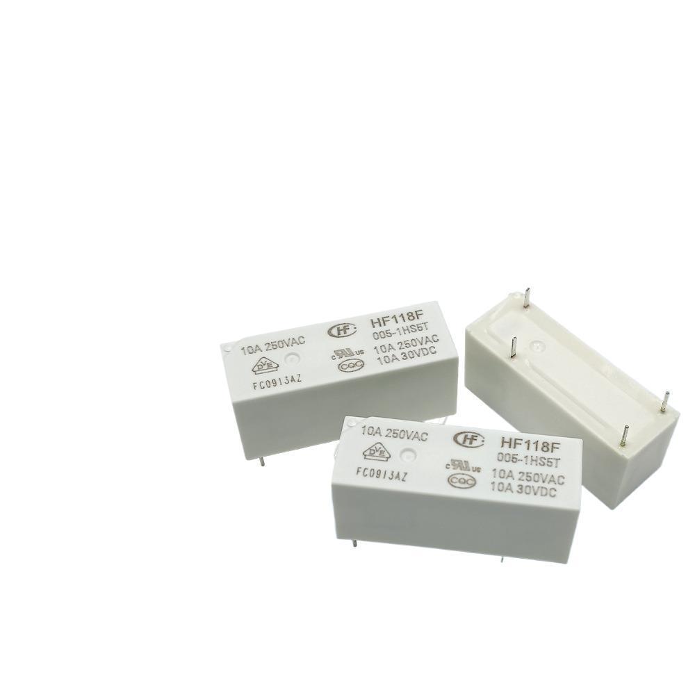 Hongfa Relay HF118F Series: HF118F-005-1HS5T and HF118F-012-1HS5T, 10A, 4-Pin, Normally Open.