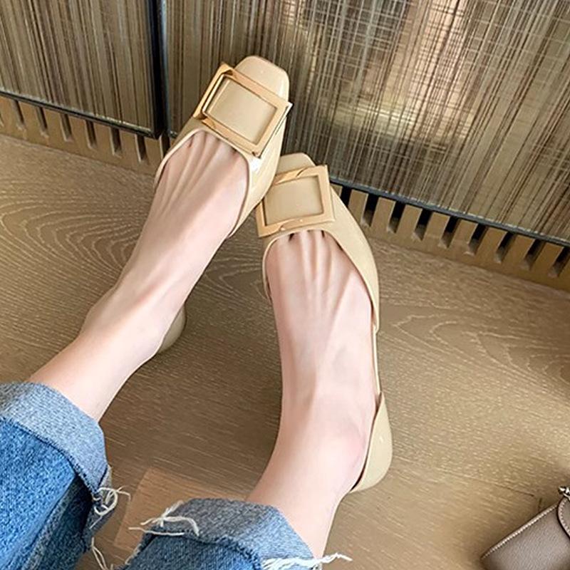 Sheepskin version~ square head shallow mouth single shoes women's buckle French temperament hollow sandals commuting leather grandma flats