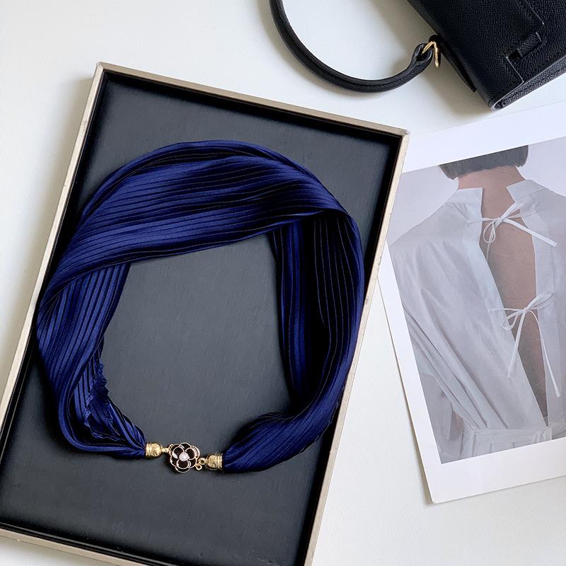 Новый монохромный магнитный шелковый шарф-ожерелье для женщин, плиссированный летний солнцезащитный головной платок, декоративный шарф