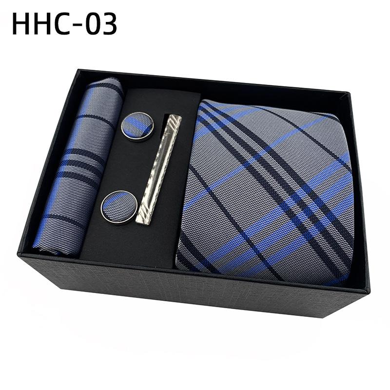 Men'S Striped Flower Plaid Tie Square Towel Cuffs Tie Clip Gift Box Set Business Casual Tie Black