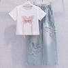 Летний модный детский джинсовый костюм из двух частей с короткими рукавами и широкими штанинами для девочек, летняя одежда