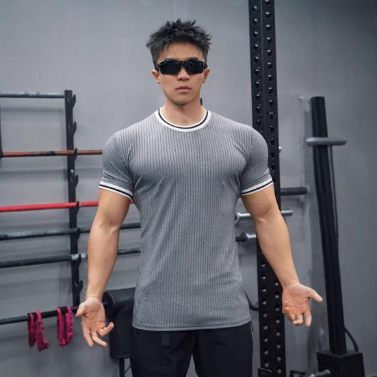 Men's Elastic Muscle T-Shirt Round Neck Short Sleeve Fitness Top Slim Fit Casual Running Tee for Sports Gym Outdoors