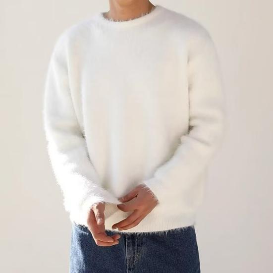 Осенне-зимний мужской свитер, свободный, толстый, трикотажный, пушистый, однотонный, с круглым вырезом, длинным рукавом, эластичный, средней длины, свитер для повседневной носки