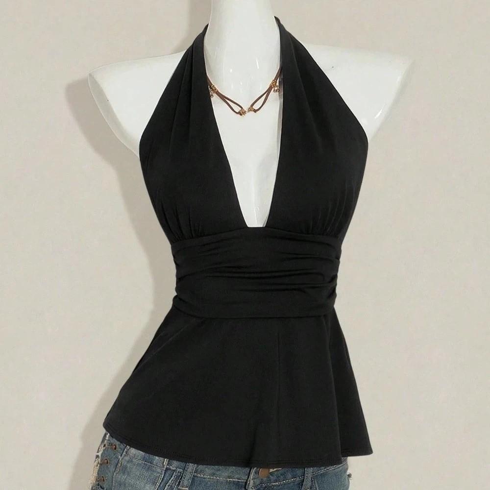 Sleeveless Lace-up Dots Camisole Deep V Neck Hanging Neck Top Halter Ruffle Vest  Summer