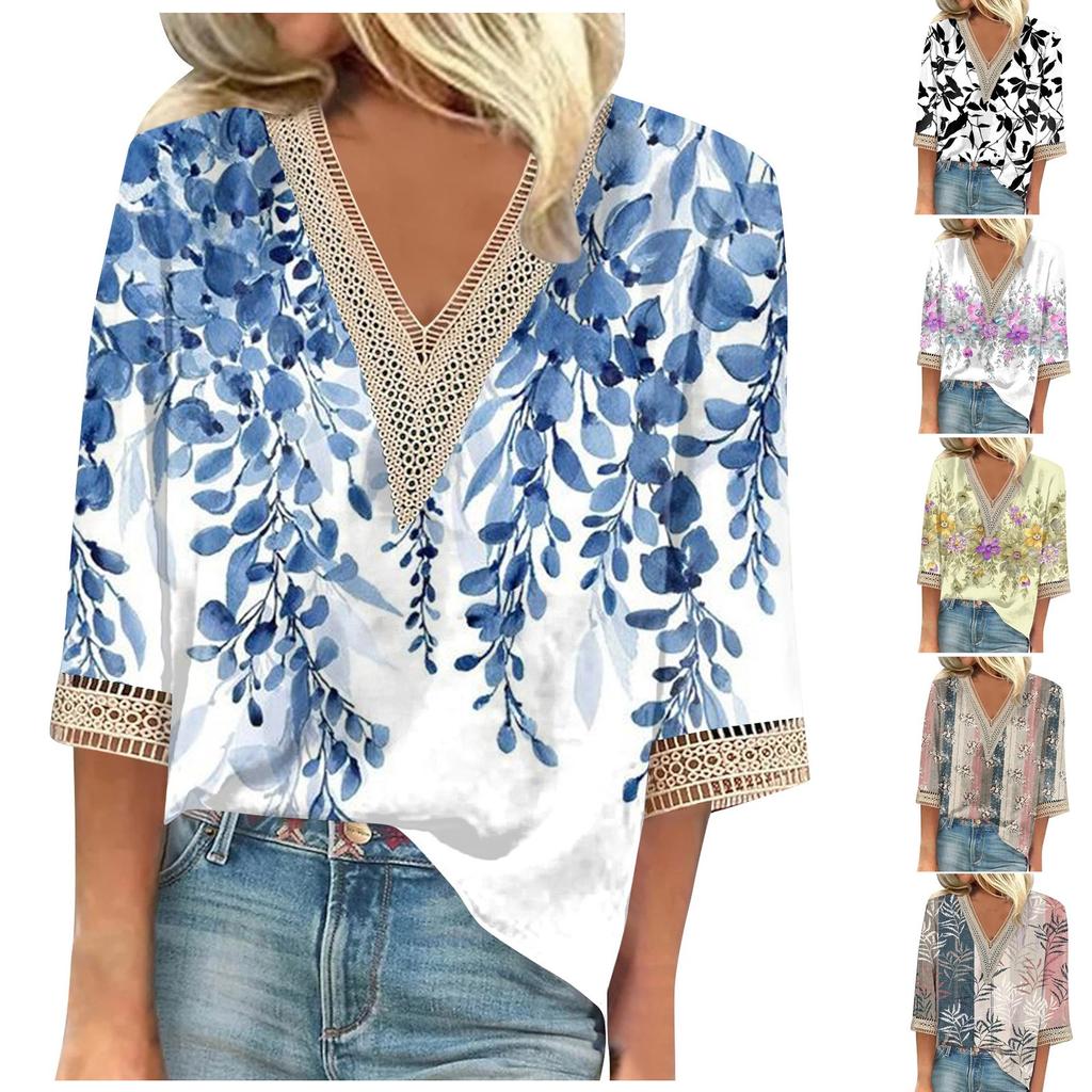 Women's Shirt Blouse Casual Loose Shirts 3/4 Sleeve Lace Trims Print V Neck Tops Print Tops T-shirts Tee
