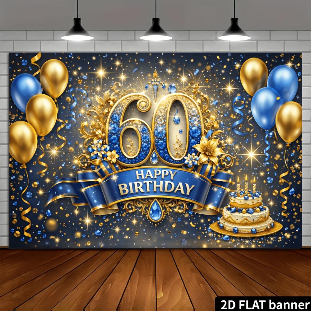 Двусторонний баннер-фон для 60-летия, сине-золотая тематика, с шарами, тортом, фейерверками, прочный, не требует питания, для помещений_ Мульти