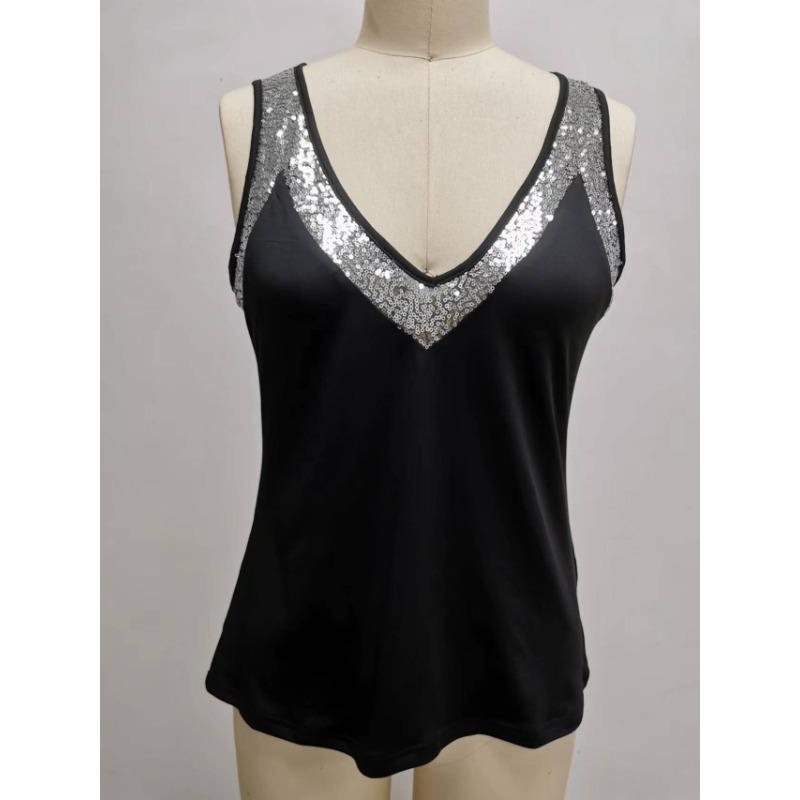 Летний новый стиль простой и универсальный V-образный вырез бисерный безрукавный жилет женский топ