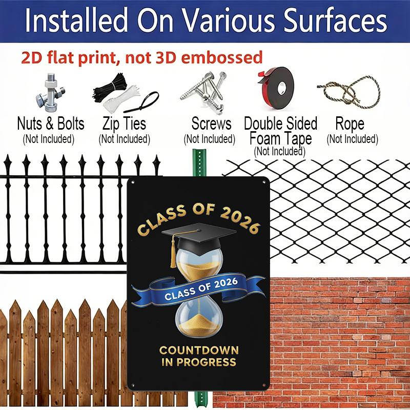 2D Flat, 1pc "Class of 2026 Countdown in Progress" Aluminium Sign - 8"x12" Gold & Blue Graduation Decor, Hourglass & Grad Cap Wall Art, Perfect for