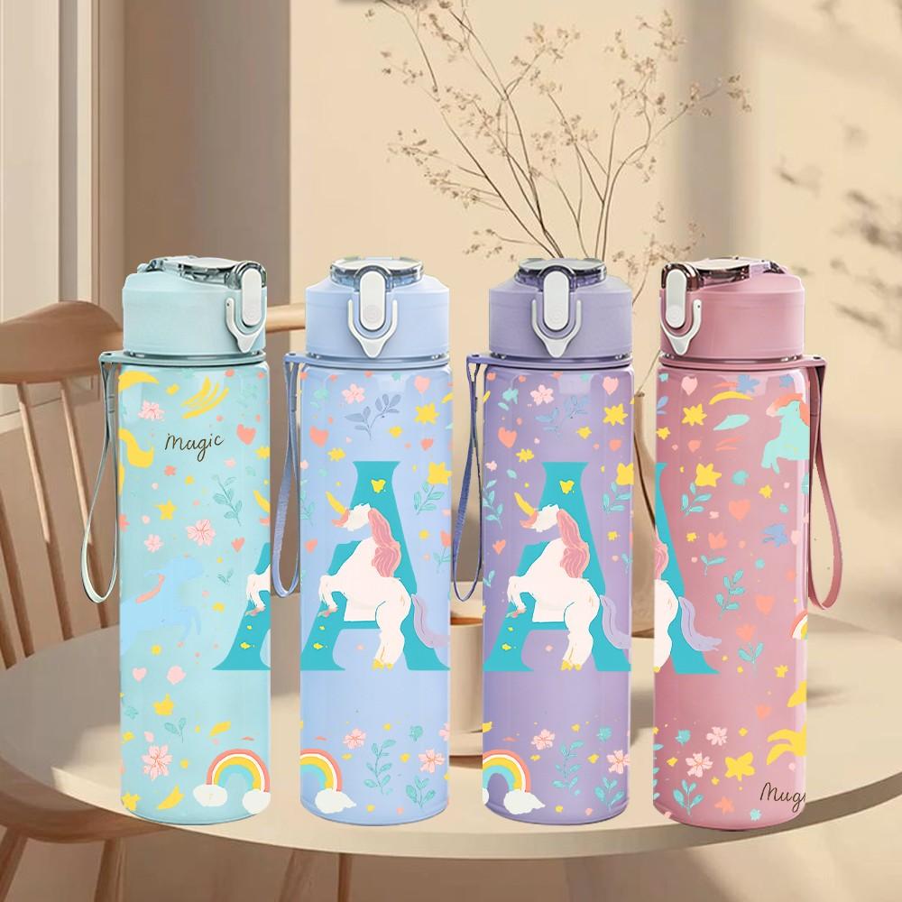 1PC Pastel Floral Letter A 750ml Color Plastic Sports Water Bottle Leakproof Flip Straw Lid Suitable for Sports Office Home Use