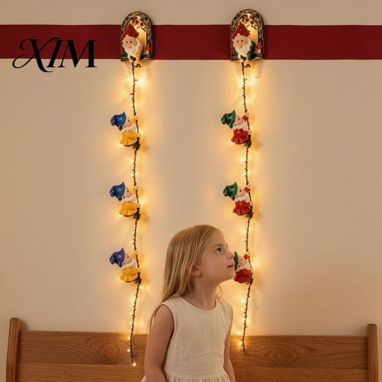 Cozy Christmas Seasonal Accents Gnome Climbing LED Light String Wooden Ornament, Warm Natural Wood Hanging Pendants Dwarf Wall Decor, Winter
