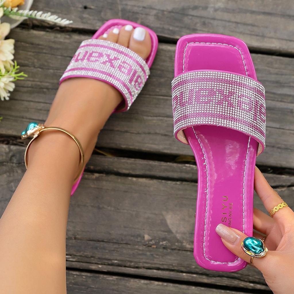 2025 direct sales 2025 new rhinestone one-word cool slippers embroidered D home thick heel slippers flat bottom cool slippers outer wear