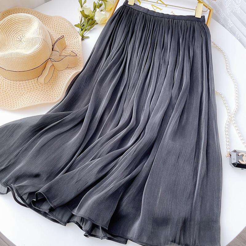 Women Elegant Midi Pleated Skirts Women Korean High Waist Summer Ladies Satin Maxi Skirt Female Faldas