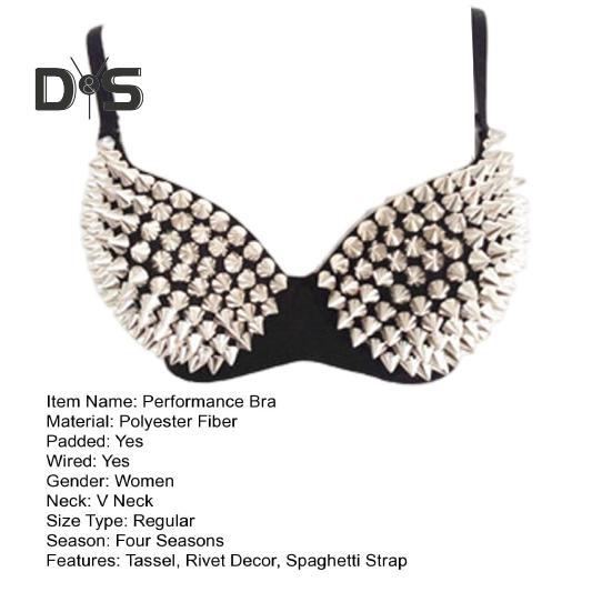 Женский бюстгальтер для выступлений с заклепками, декором, длинной кисточкой, бретельками-спагетти, для ночного клуба, вечеринок, стриптиза, шоу, коктейльных вечеринок