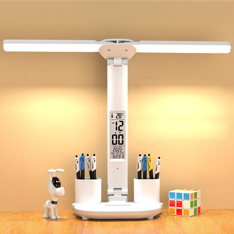 LED Stol Chirog'i USB Dimmerlanadigan Sensorli Buklanadigan Stol Chirog'i Kalendar, Harorat Soati, Kechki Chiroq bilan O'qish uchun O'qish Chirog'i