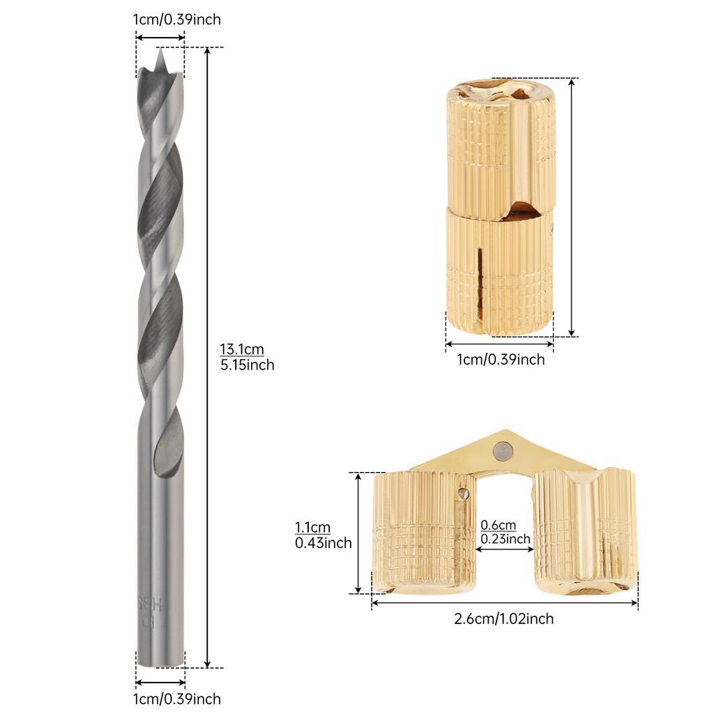 8 шт. Латунные бочкообразные скрытые мебельные петли, Подходят для самодельной шкатулки для драгоценностей, ручной работы, со сверлом из быстрорежущей стали 10 мм, Скрытый угол открывания 180 градусов