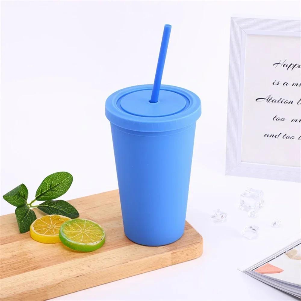 Candy Color Double-layer Plastic Straw Cup Coffee Cup Plastic Frosted Handy Water Cup Easy To Carry Straw Kettle Sports Bottle